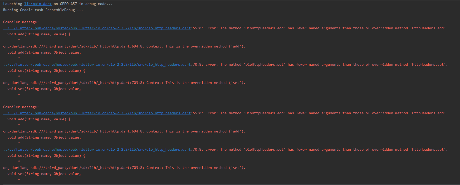 flutter踩坑之dio报错Error: The method 'DioHttpHeaders.add' has fewer named arguments than those of overridden method 'HttpHeaders.add'.