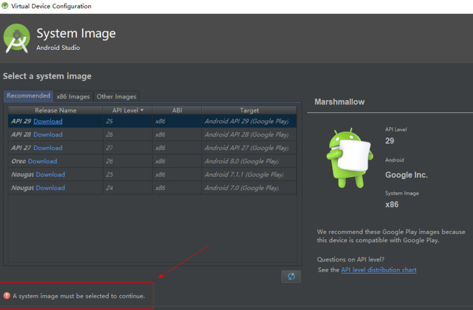 解决Android studio 创建虚拟机时提示a system image must be selected continue问题